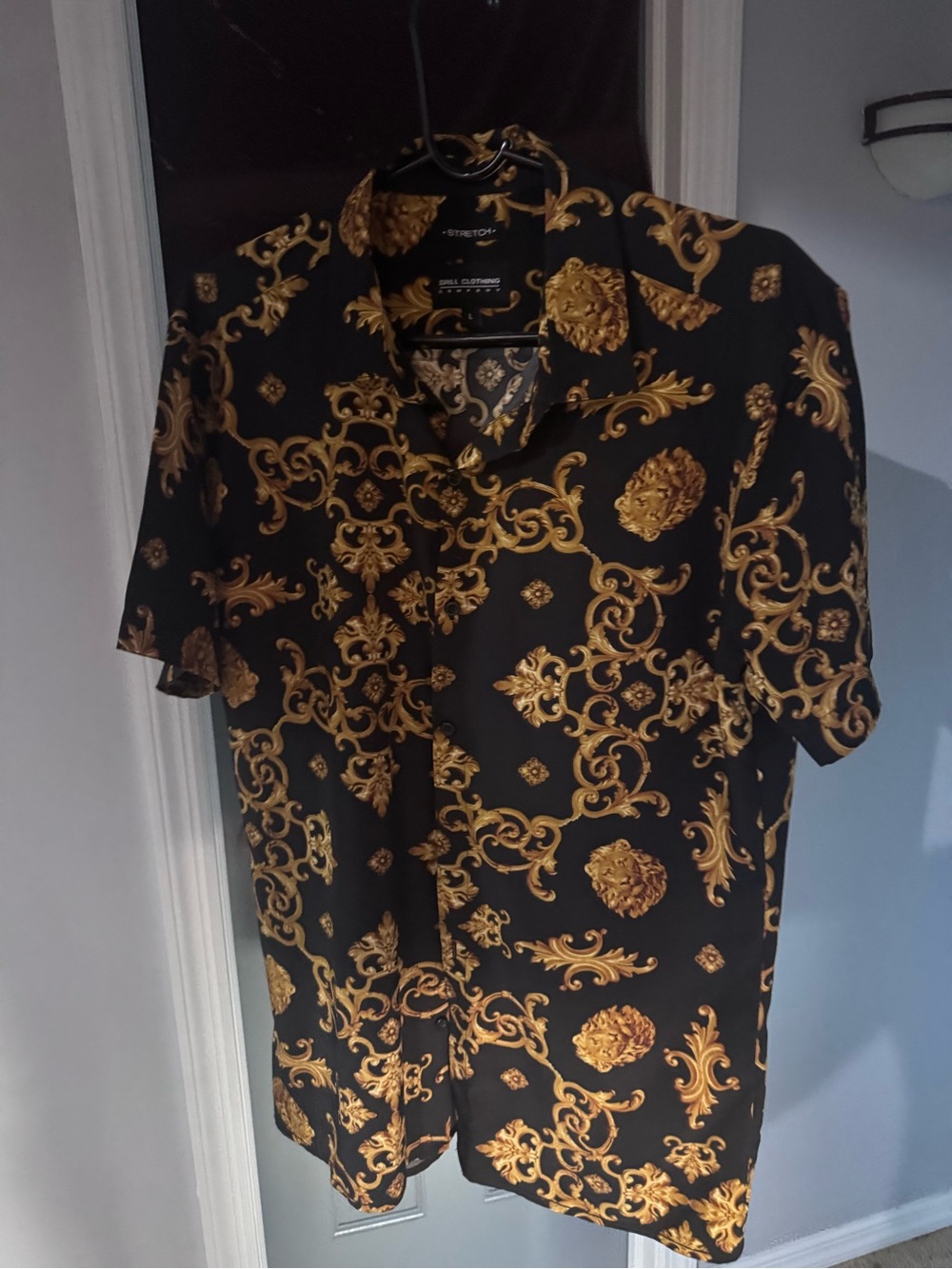 Men's Black Short-Sleeve Button-Down Shirt with Gold Baroque Print